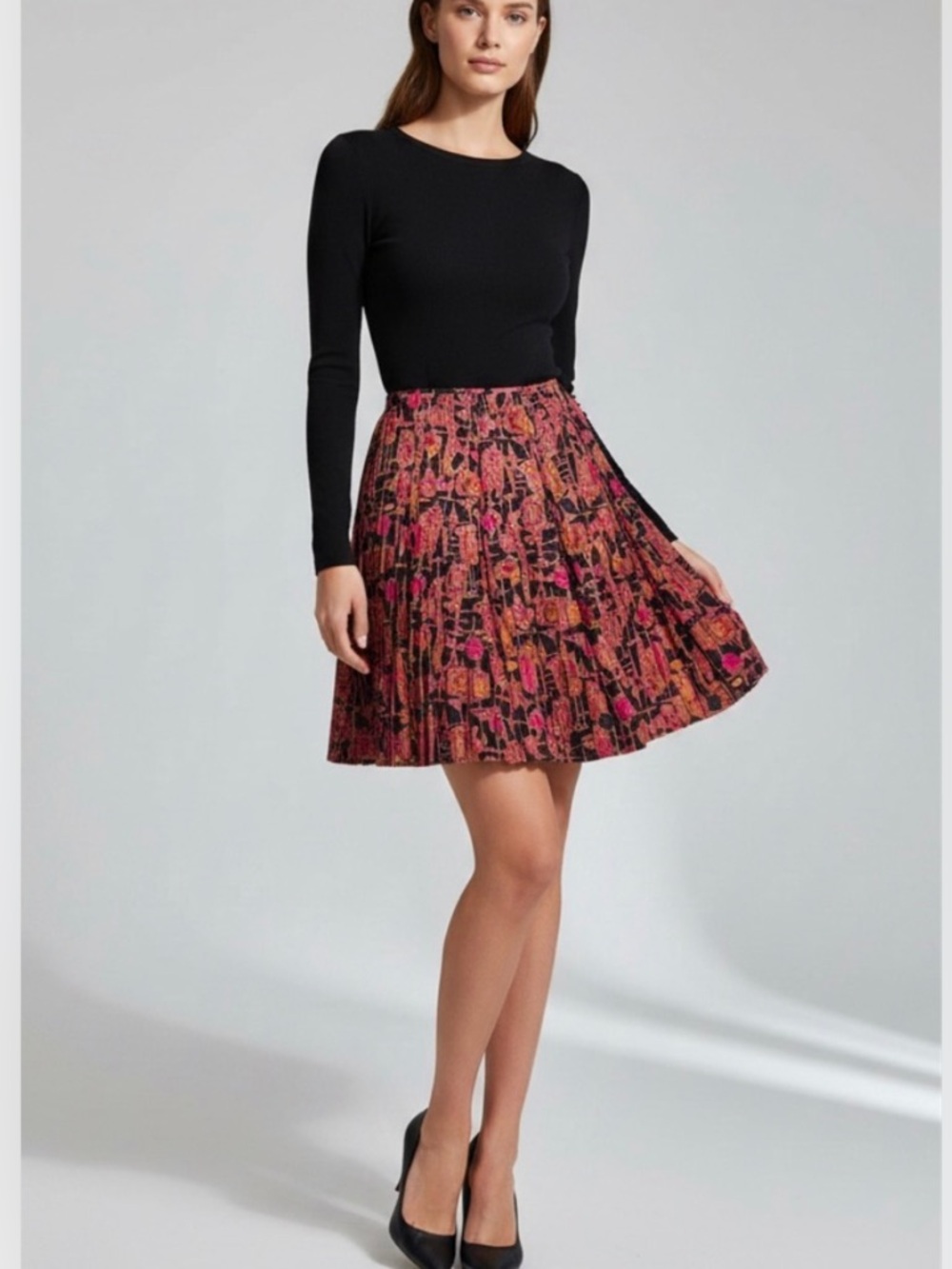Alfani 100% Silk Floral Midi Skirt EUC, Burgundy Pink Black Lined